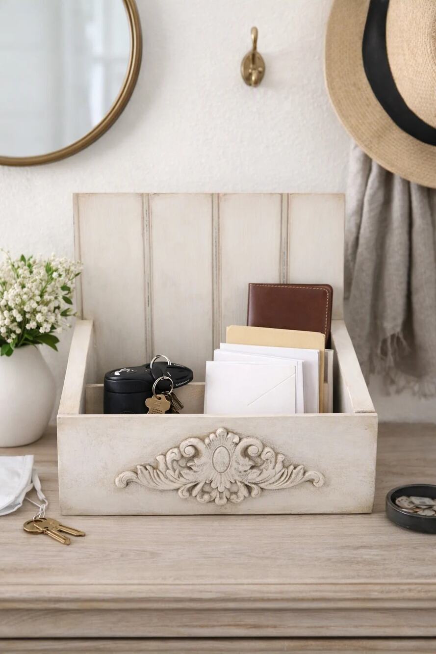 Vintage-Style Wooden Mail Organizer – Distressed Storage Box with Carved Design